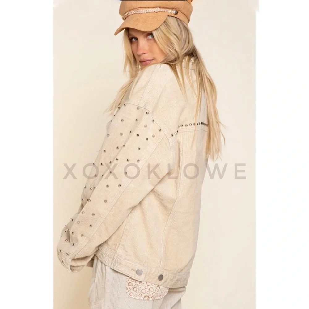 POL Oatmeal Beige Studded Corduroy Trucker Jacket Relaxed Fit - Picture 8 of 14